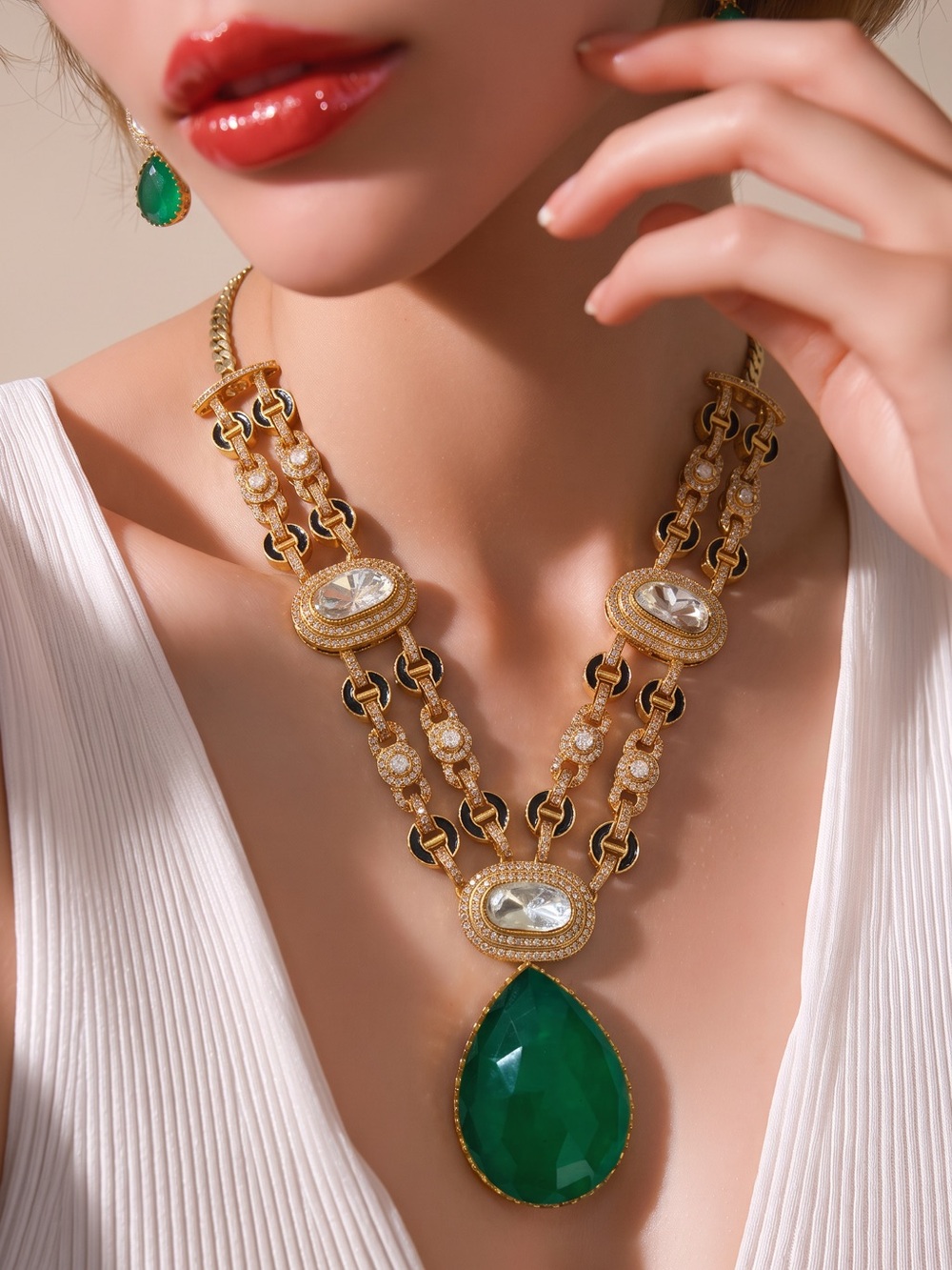 Gold-Tone Green Tourmaline Pendant Necklace set